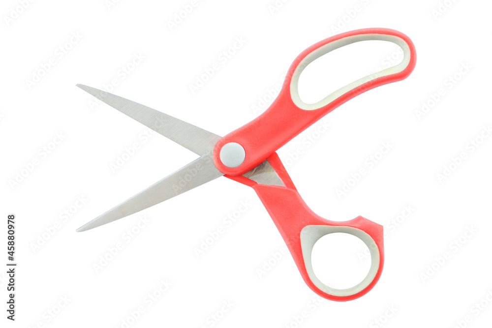 Red plastic handle opened scissors on white background. Red plastic handle opened scissors on white background.