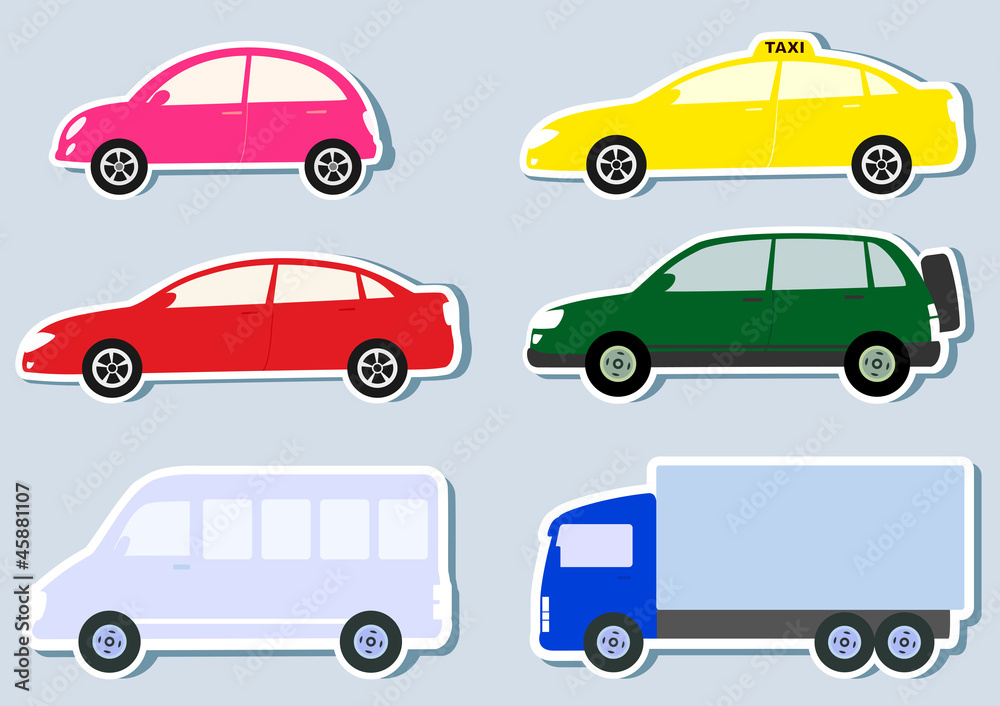 transport set with colorful car, truck and minibus silhouette