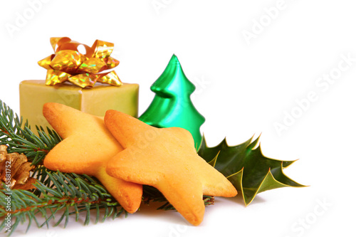 Christmas decoration and Christmas cookies on whit Background. 