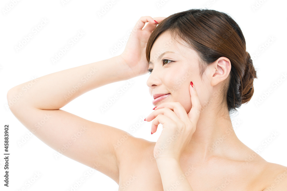 Beautiful young woman on white background. Portrait of asian.