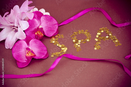 Fototapeta Naklejka Na Ścianę i Meble -  pink orchid flowers and spa writing