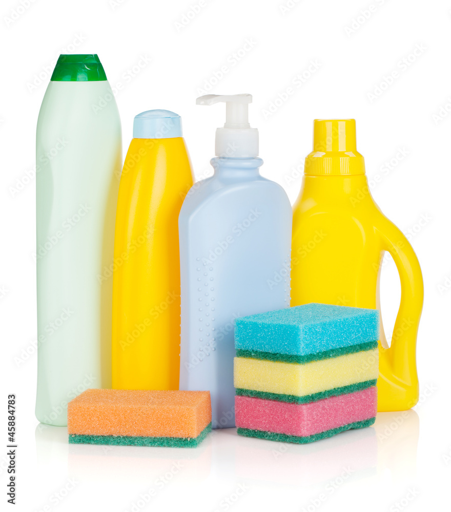 Plastic bottles of cleaning products and sponges Plastic bottles of cleaning products and sponges