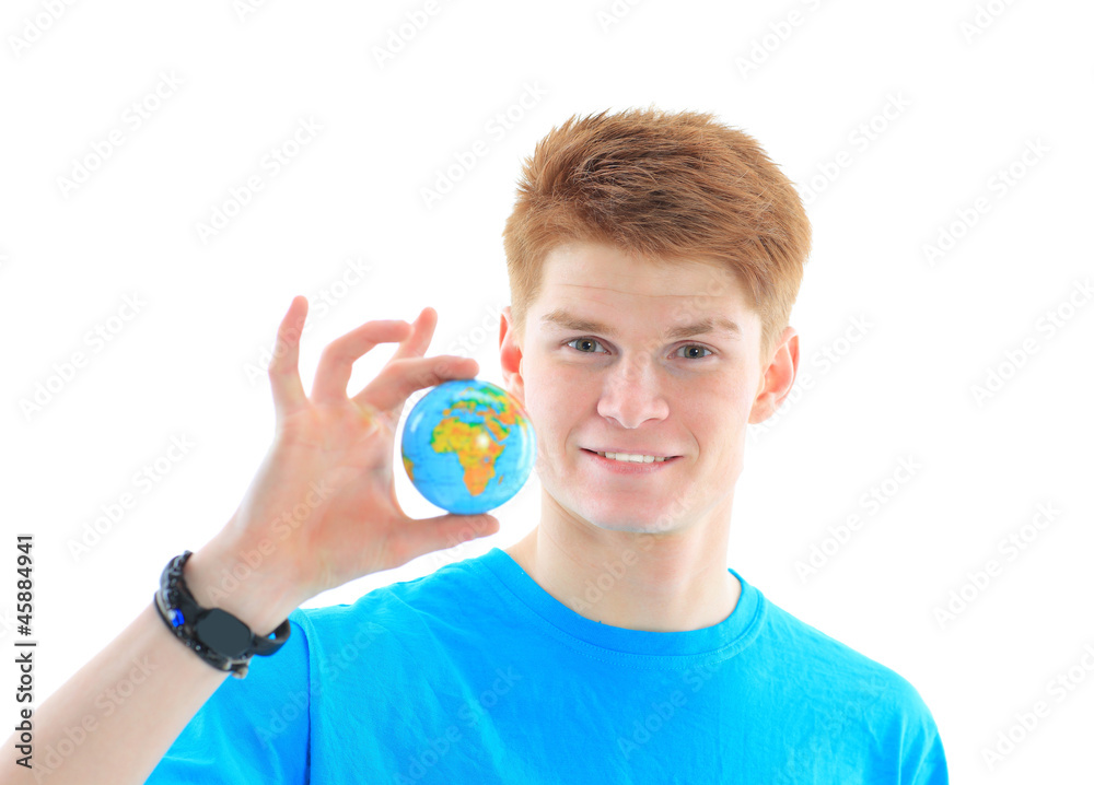 middle aged business man holding globe model middle aged business man holding globe model