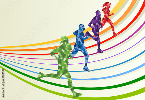 Marathon runners in colorful rainbow landscape background