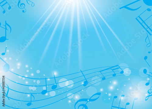 blue musical background with notes and rays - vector