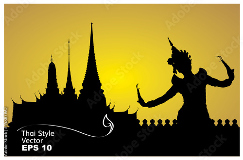 thai dance woman with temple in thailand background silhouette