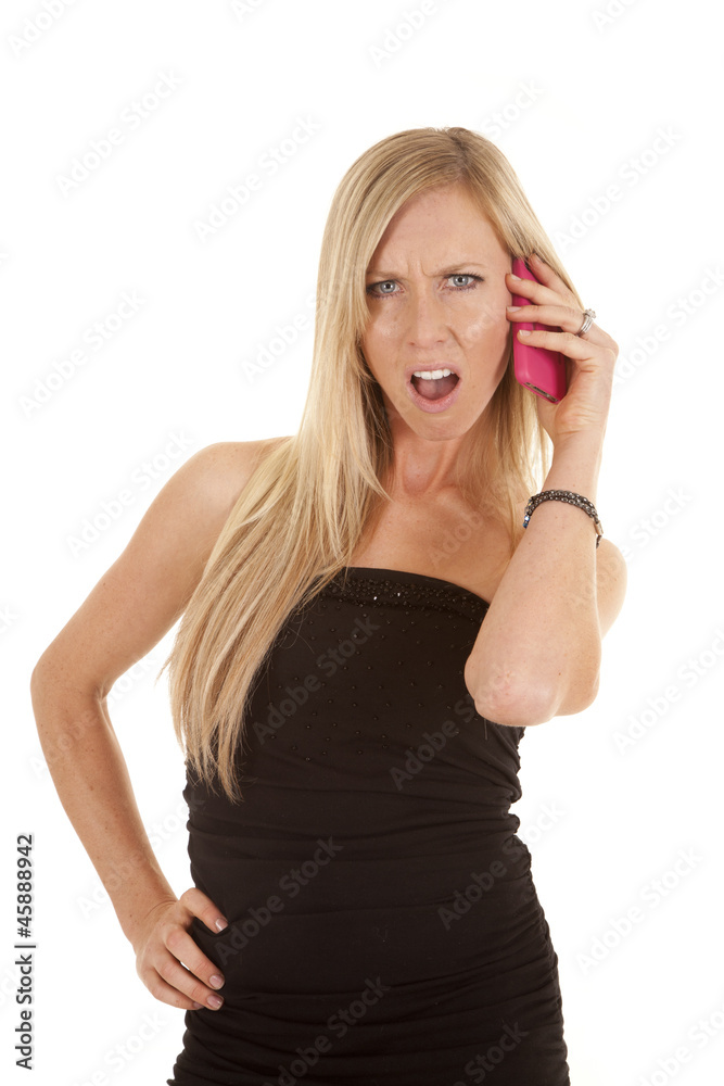 woman black dress mad pink phone woman black dress mad pink phone