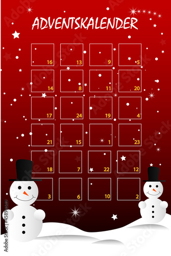 Roter Adventskalender mit Schneemann