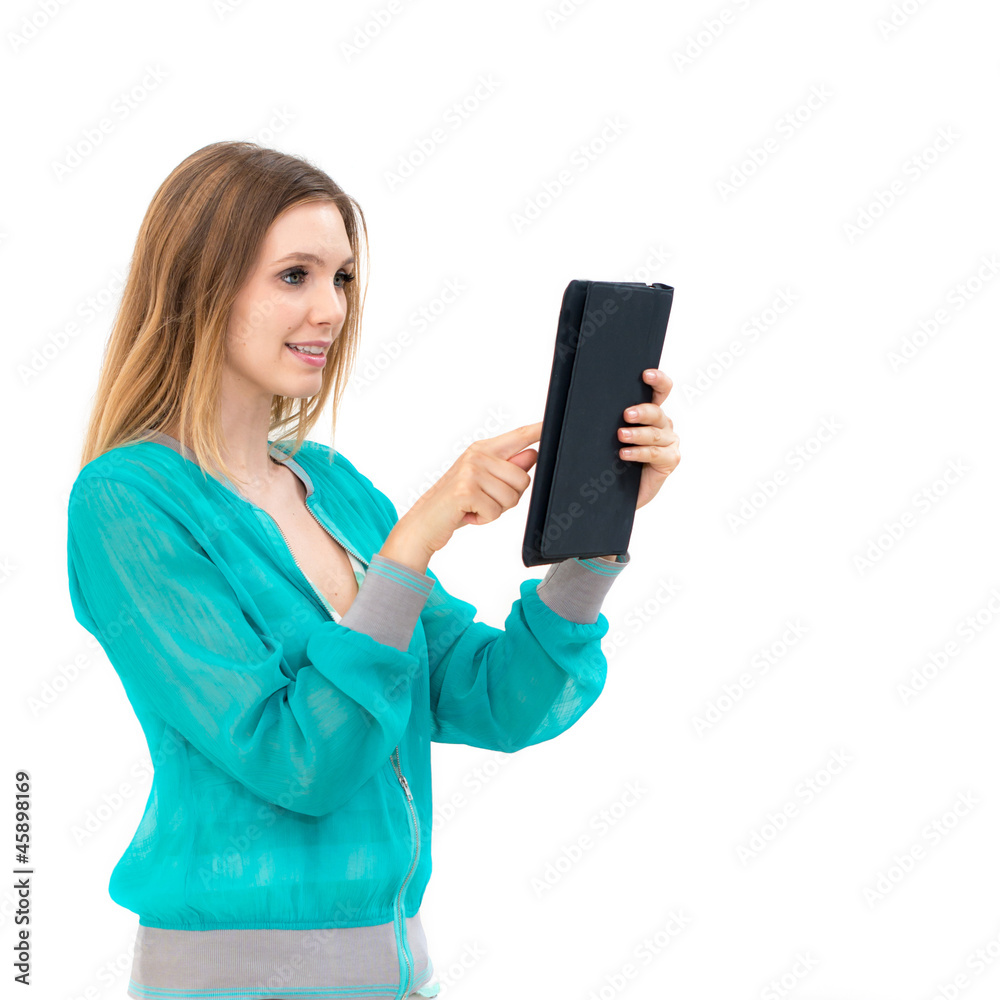 woman holding in hand a tablet touch pad woman holding in hand a tablet touch pad