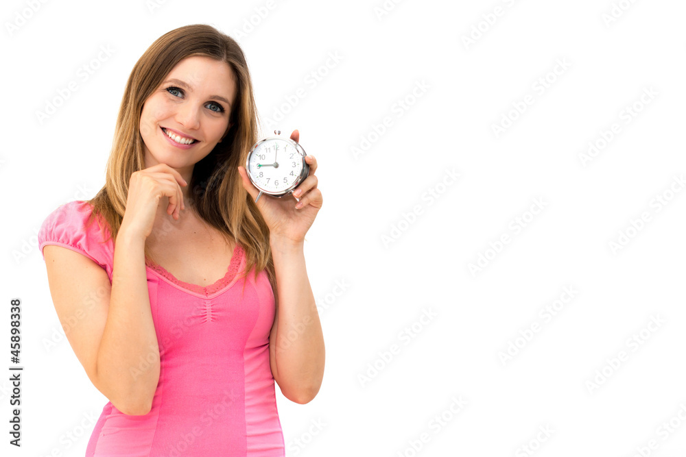woman holding a clock