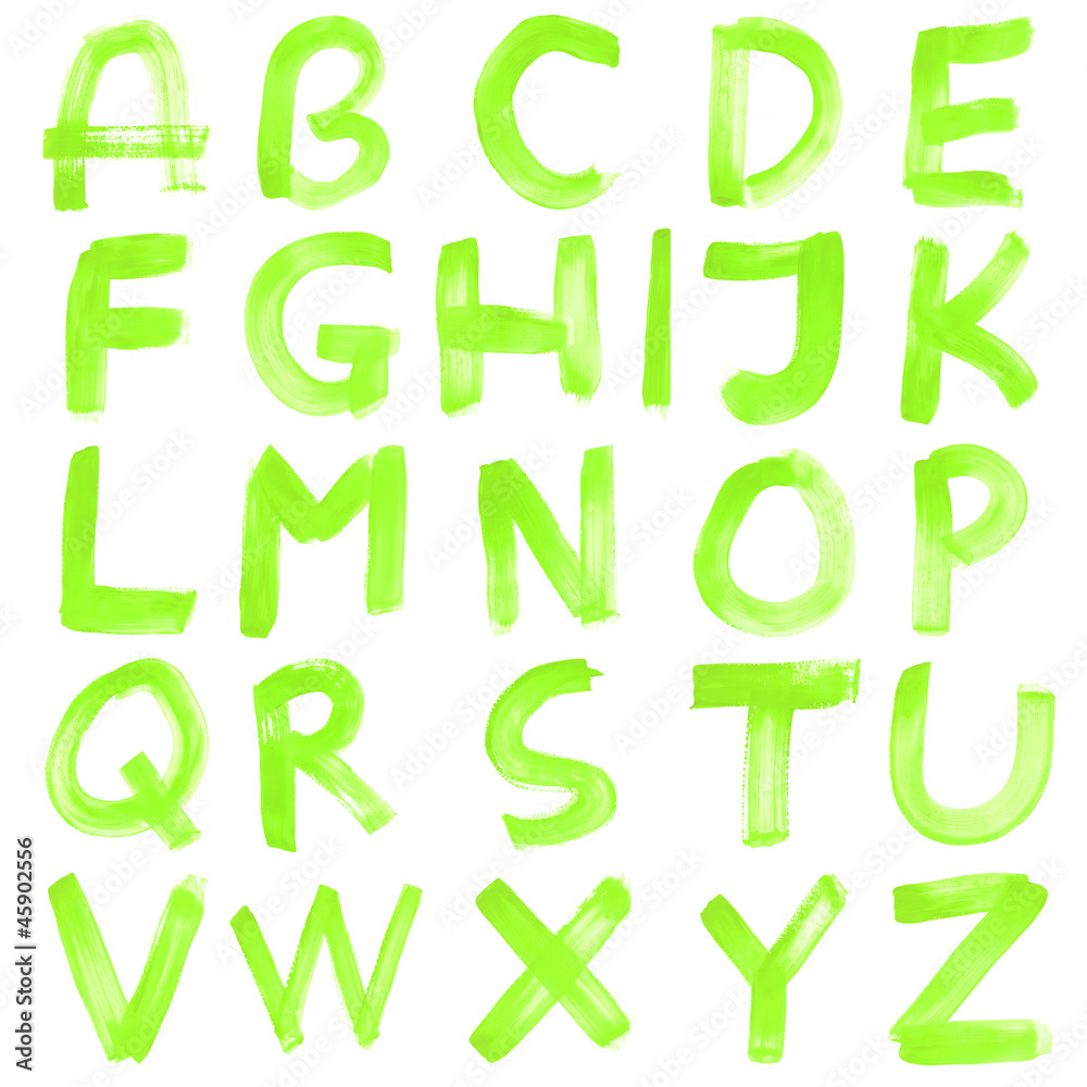 High resolution green hand painted font set isolated on white