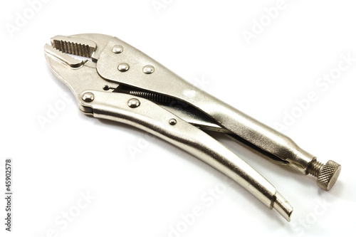 Photography Metal locking plier jaw on white background.