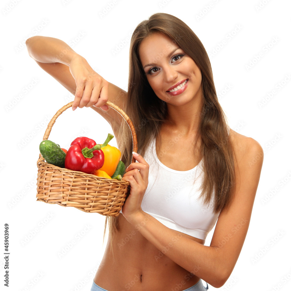 beautiful young woman with vegetables in basket, isolated beautiful young woman with vegetables in basket, isolated