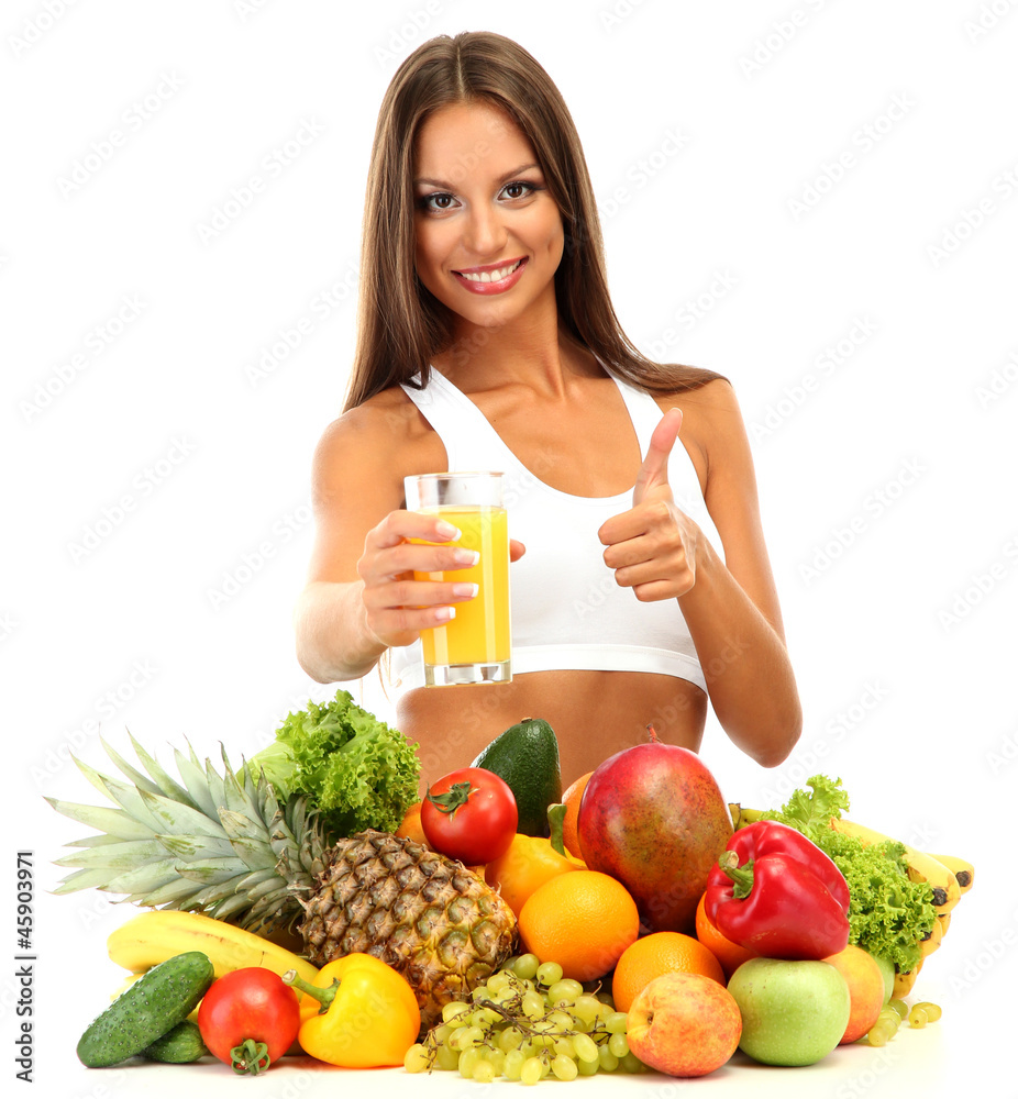 beautiful young woman with fruits and vegetables and glass of beautiful young woman with fruits and vegetables and glass of