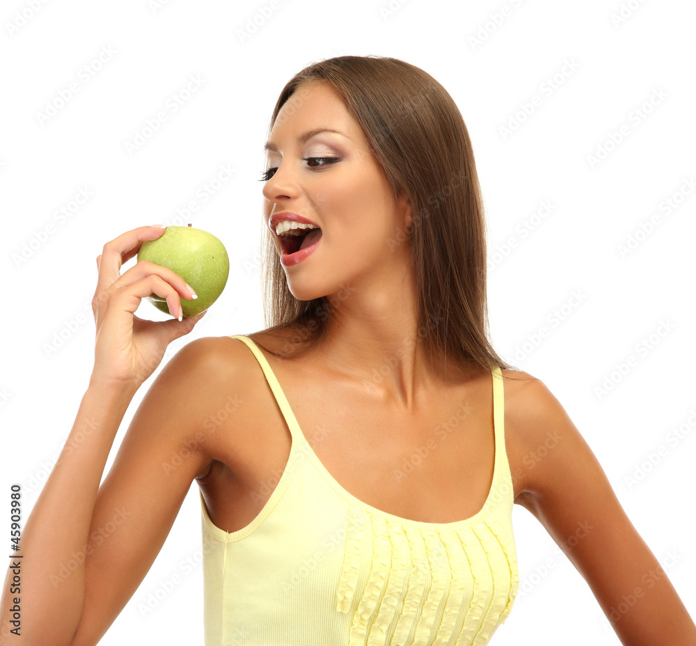 beautiful young woman with green apple, isolated on white beautiful young woman with green apple, isolated on white