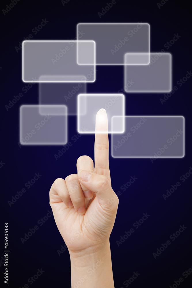 Woman hand touching button Woman hand touching button