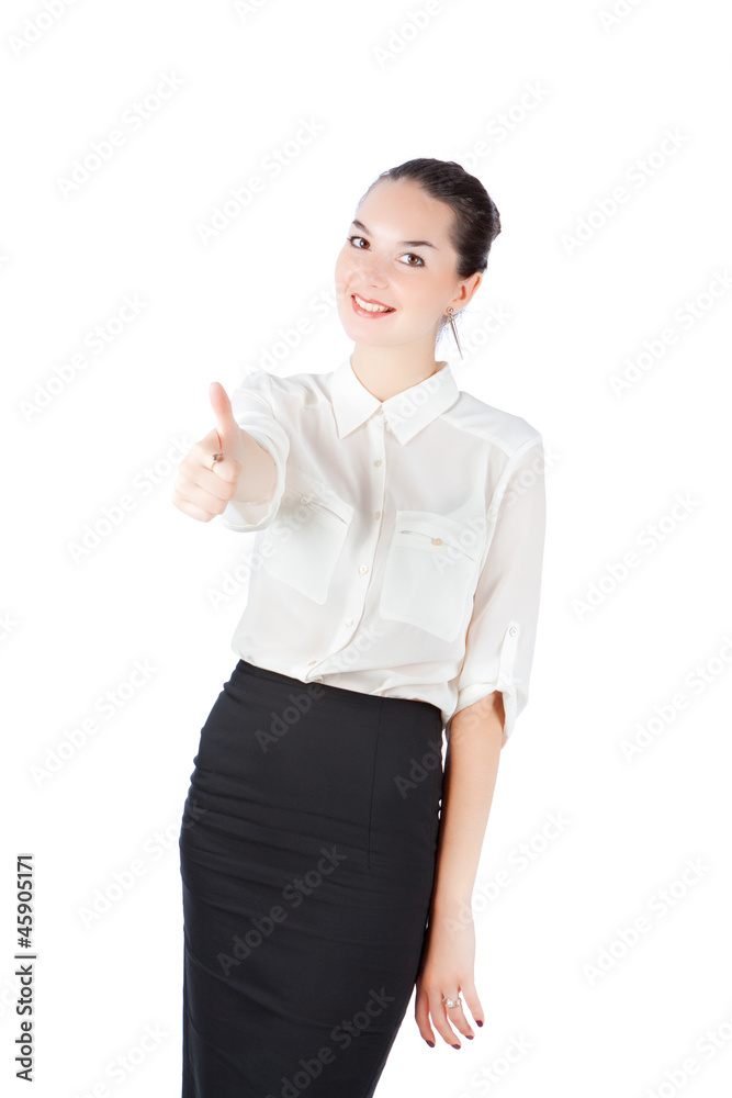 woman in business style keeps finger up woman in business style keeps finger up