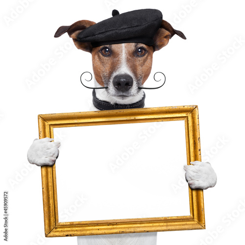 painter artist frame holding dog