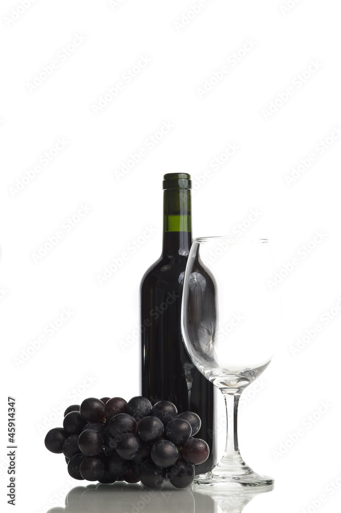 Red wine, glass and grape isolated on white background