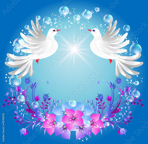 Two doves and flowers