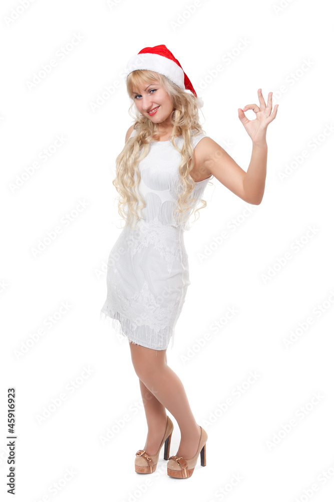 woman in red santa hat over white background woman in red santa hat over white background