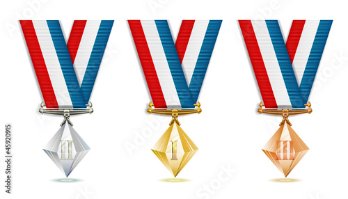 Set of gold, silver and bronze crystals with ribbon