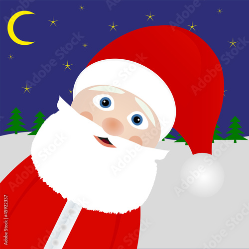 Santa Claus peeking out of the woods at night