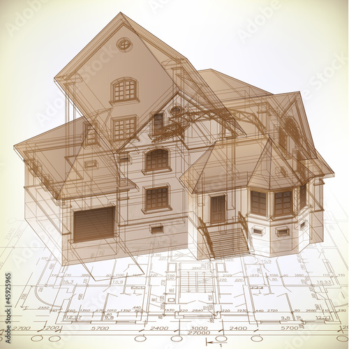 Architectural background with a 3D building model