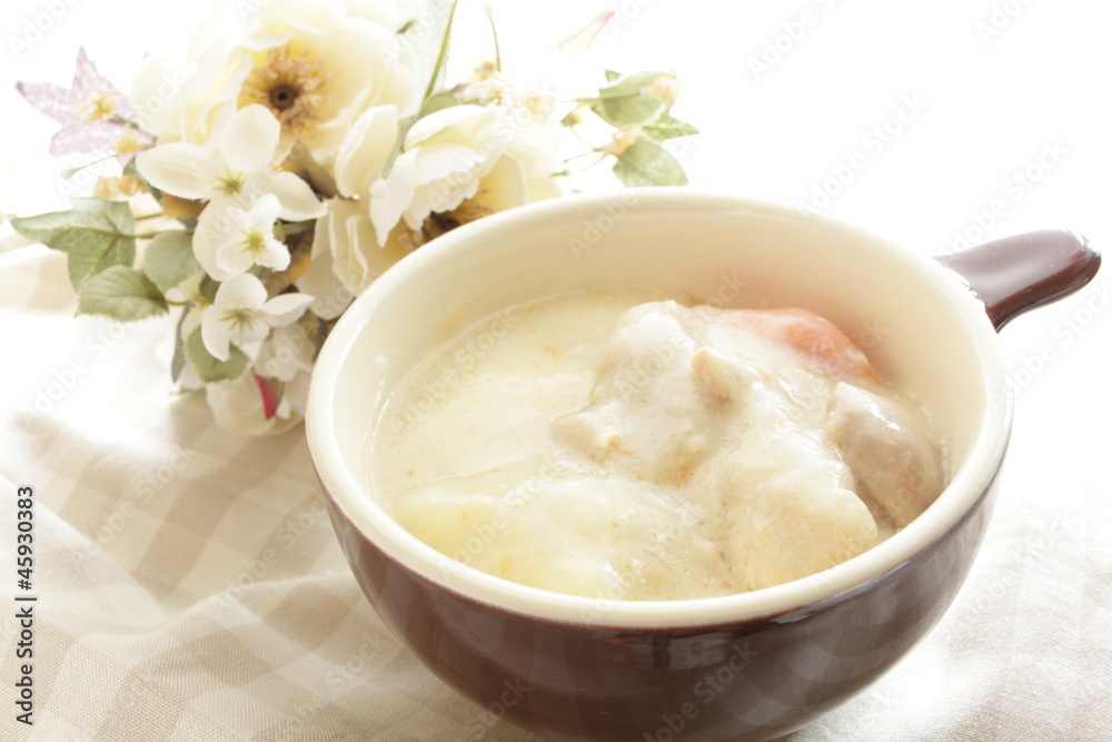 Chicken stew in soup cup for winter food image Chicken stew in soup cup for winter food image