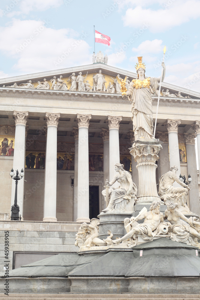 Parlament Vienna with big fountain, statue in Vienna, Austria