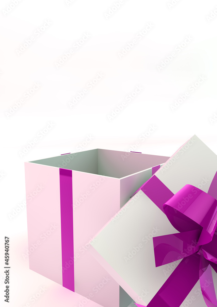 Opened white gift box with purple ribbons Opened white gift box with purple ribbons