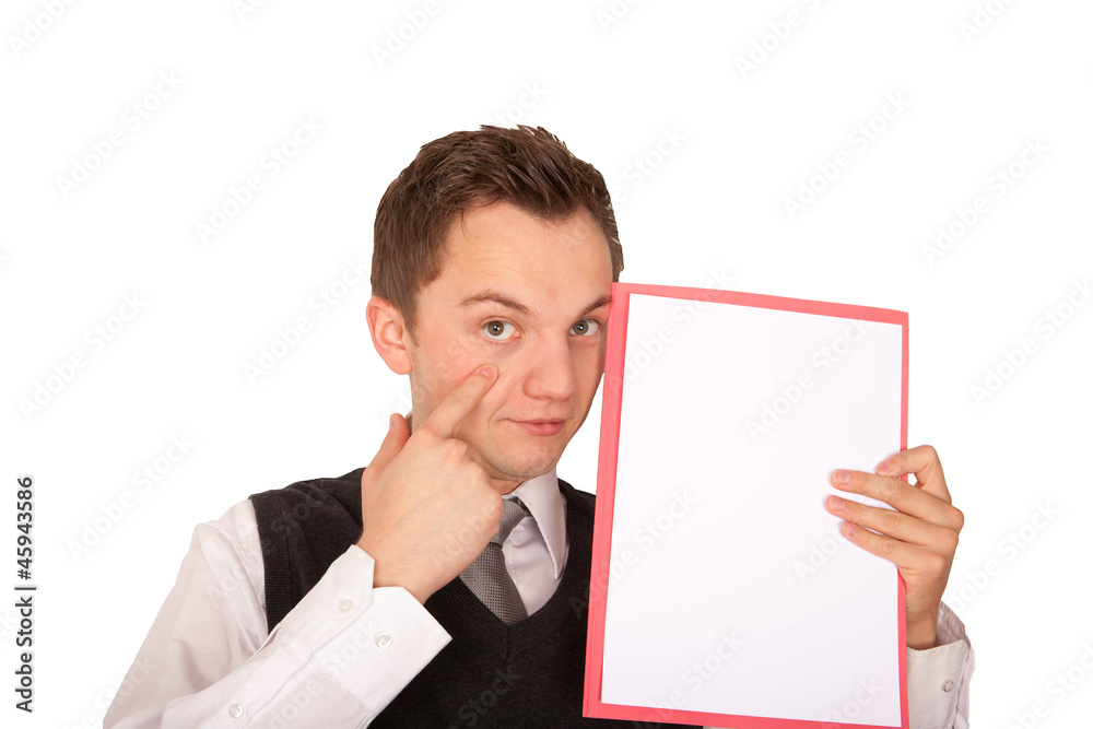 Mann mit Hinweismappe Zwinker mit Finger (freigestellt) Mann mit Hinweismappe Zwinker mit Finger (freigestellt)