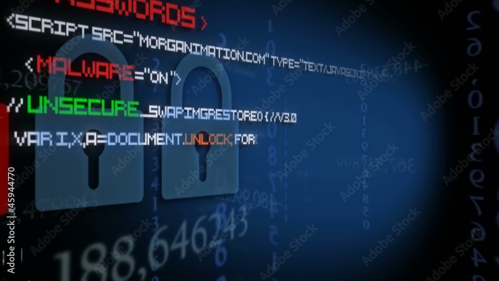 Security vulnerability cyber code lock  video screen animation