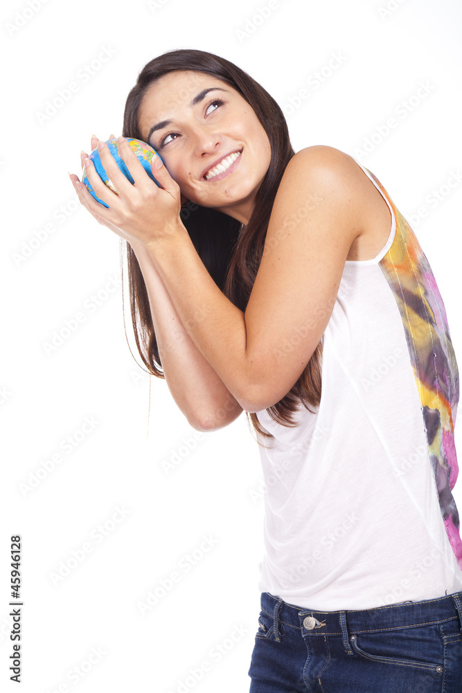 beautiful young woman holding a globe and smiling beautiful young woman holding a globe and smiling