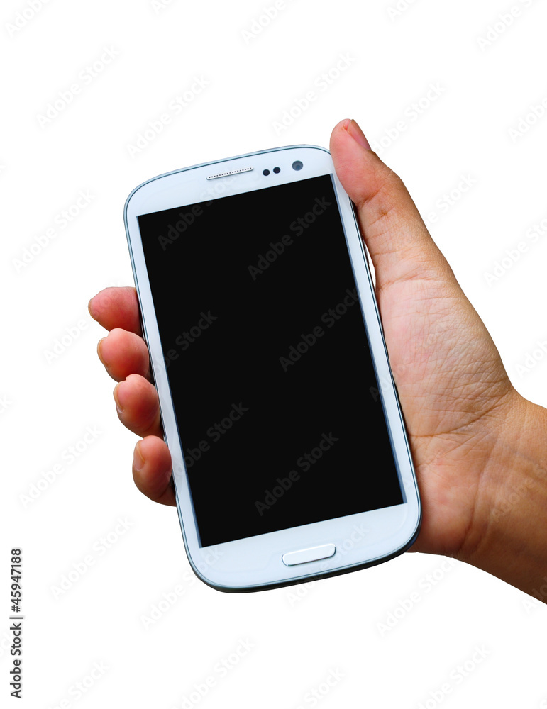 hand holding mobile smart phone with blank screen on white backg