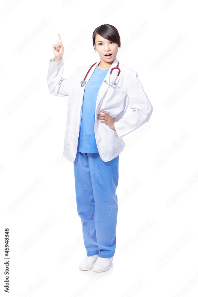 doctor woman smile point copy space doctor woman smile point copy space