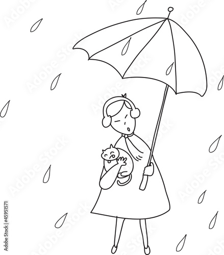 freehand sketch cartoon girl relaxing under the rain