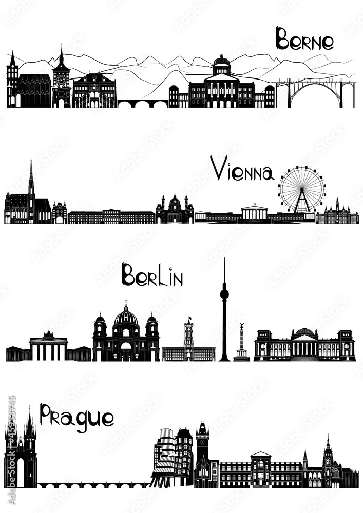 Sights of Berne, Berlin, Vienna and Prague, b-w vector