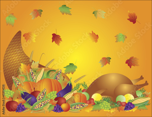 Thanksgiving Day Feast Cornucopia and Turkey Background Illustra