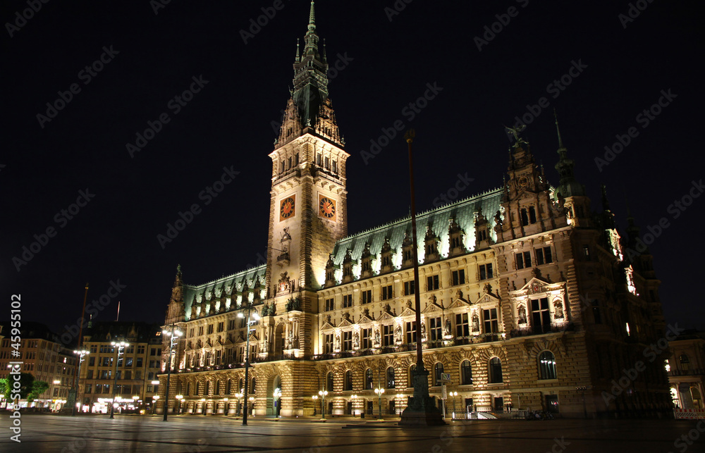 Building of  Hamburg Rathaus (City Hall) at night, Germany