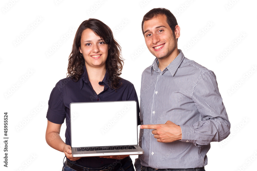 Business Team Holding a Computer with Blank Screen Business Team Holding a Computer with Blank Screen