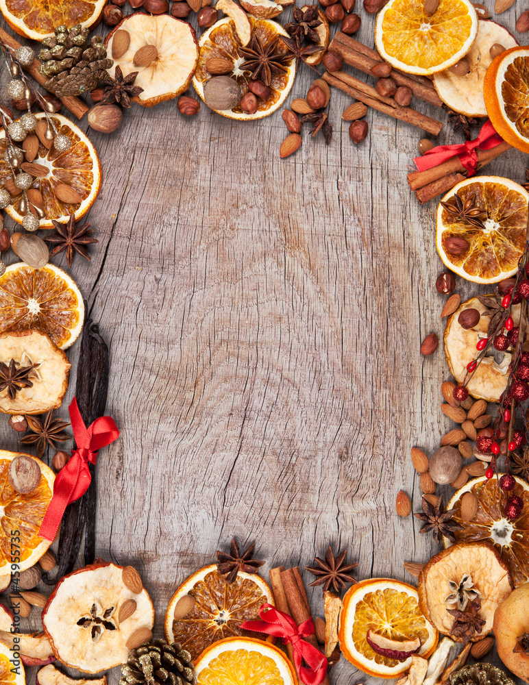 Christmas spices with dry orange and apple slices Christmas spices with dry orange and apple slices