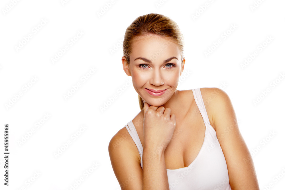 Beautiful smiling woman with dreamy expression Beautiful smiling woman with dreamy expression