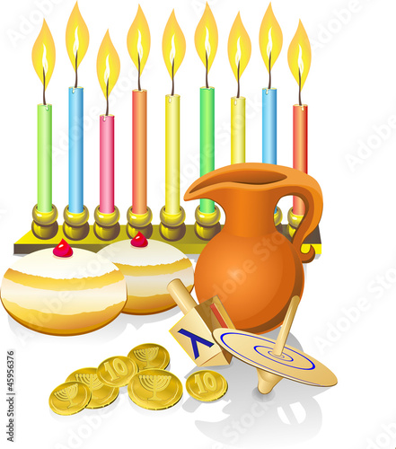 hanukkah candles, donuts, oil pitcher and spinning top photo