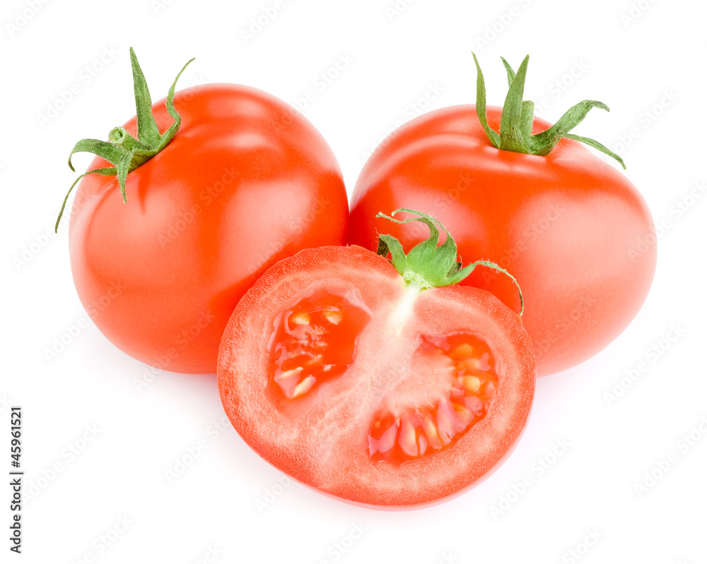 Two whole red tomatoes and one half Isolated on white background Two whole red tomatoes and one half Isolated on white background
