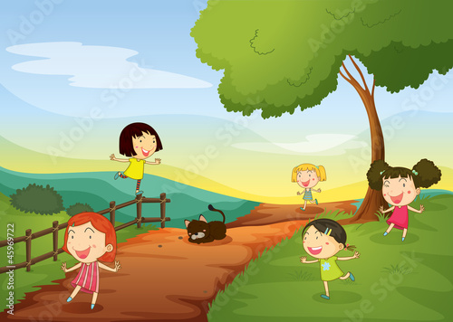 girls and cat