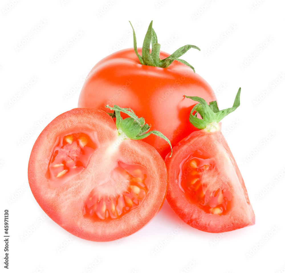 One Fresh Juicy tomato, cut in half and a slice Isolated on whit One Fresh Juicy tomato, cut in half and a slice Isolated on whit