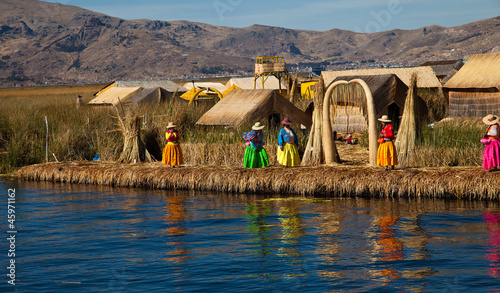 The floating and tourist  Islands of lake Titikaka Puno Peru Sou photo