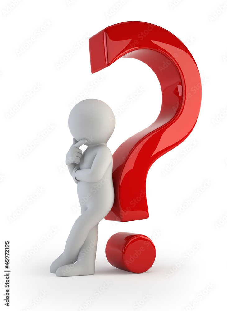 3d small people - leaning back against a question mark 3d small people - leaning back against a question mark