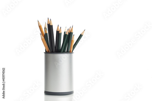 Box with pencils isolated on white
